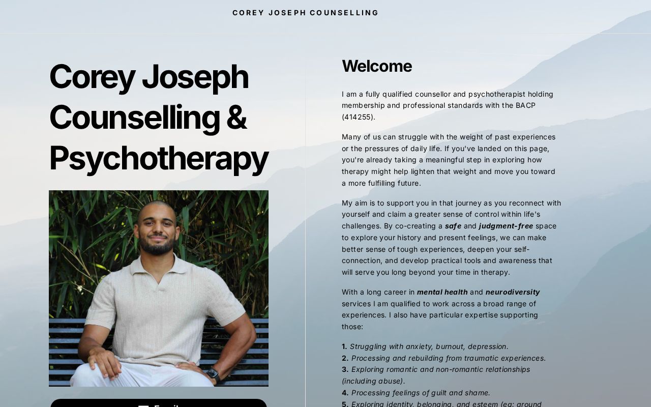 Corey Joseph | Online Counsellor & Psychotherapist | UK & Worldwide